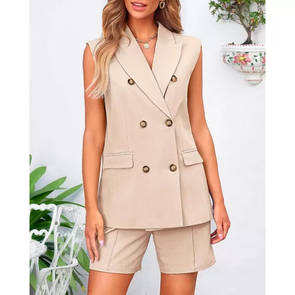 BTFBM Womens Casual Sleeveless Blazer Vest Shorts Sets Lapel V Neck Button Down Office 2 Piece Lounge Matching SetsSolid Light Khaki