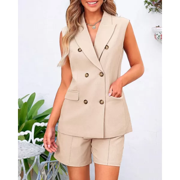 BTFBM Womens Casual Sleeveless Blazer Vest Shorts Sets Lapel V Neck Button Down Office 2 Piece Lounge Matching SetsSolid Light Khaki