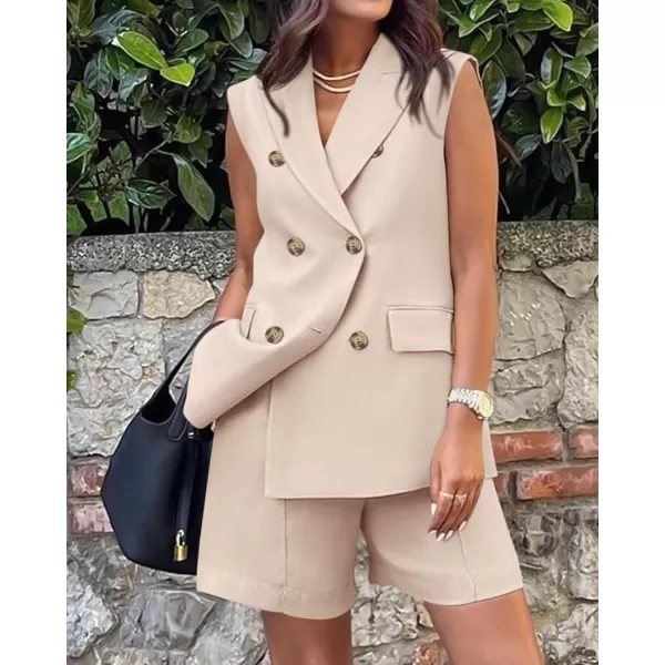 BTFBM Womens Casual Sleeveless Blazer Vest Shorts Sets Lapel V Neck Button Down Office 2 Piece Lounge Matching SetsSolid Light Khaki