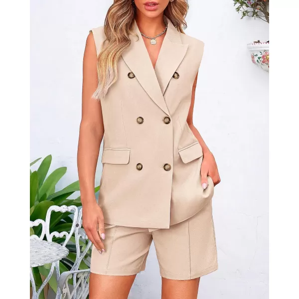 BTFBM Womens Casual Sleeveless Blazer Vest Shorts Sets Lapel V Neck Button Down Office 2 Piece Lounge Matching SetsSolid Light Khaki