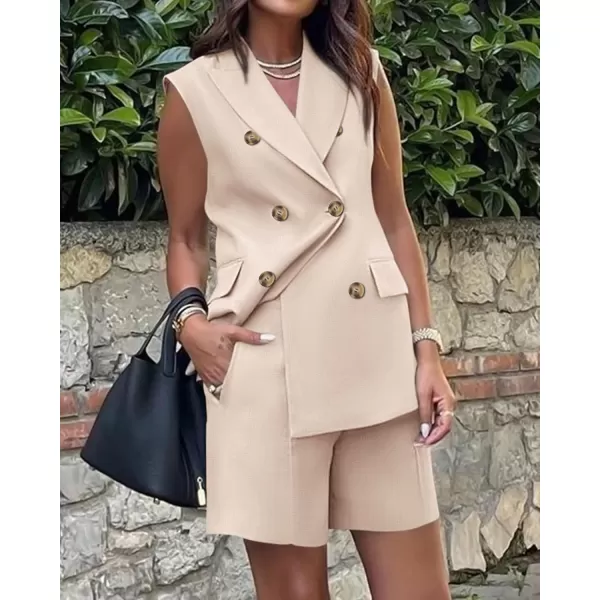 BTFBM Womens Casual Sleeveless Blazer Vest Shorts Sets Lapel V Neck Button Down Office 2 Piece Lounge Matching SetsSolid Light Khaki