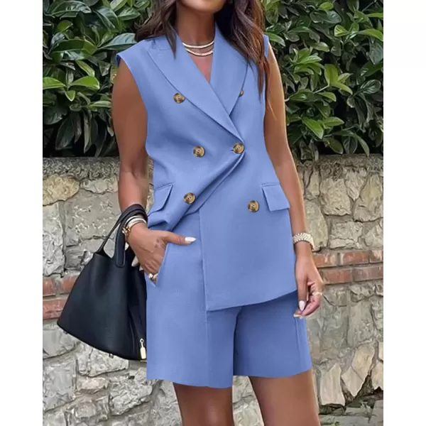 BTFBM Womens Casual Sleeveless Blazer Vest Shorts Sets Lapel V Neck Button Down Office 2 Piece Lounge Matching SetsSolid Sky Blue