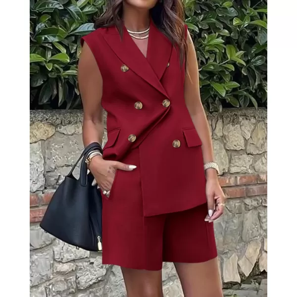 BTFBM Womens Casual Sleeveless Blazer Vest Shorts Sets Lapel V Neck Button Down Office 2 Piece Lounge Matching SetsSolid Wine Red
