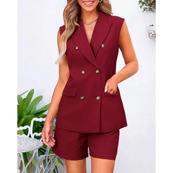BTFBM Womens Casual Sleeveless Blazer Vest Shorts Sets Lapel V Neck Button Down Office 2 Piece Lounge Matching SetsSolid Wine Red