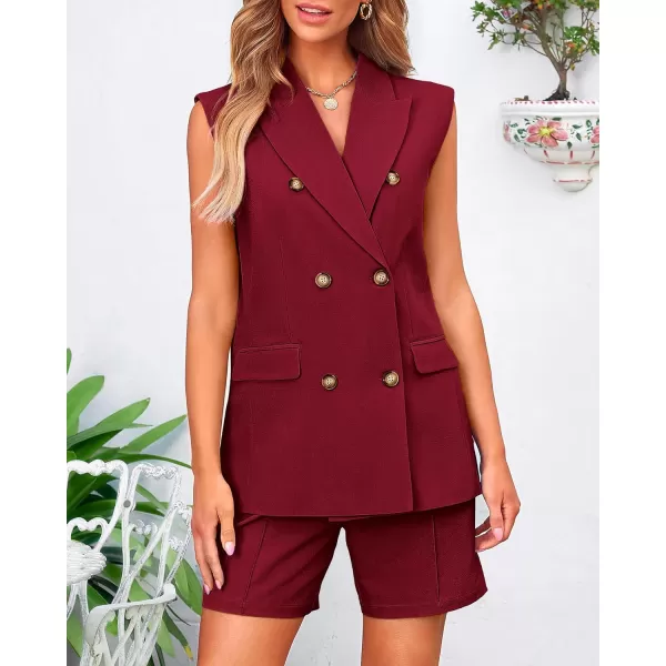 BTFBM Womens Casual Sleeveless Blazer Vest Shorts Sets Lapel V Neck Button Down Office 2 Piece Lounge Matching SetsSolid Wine Red