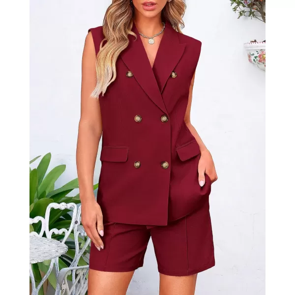 BTFBM Womens Casual Sleeveless Blazer Vest Shorts Sets Lapel V Neck Button Down Office 2 Piece Lounge Matching SetsSolid Wine Red