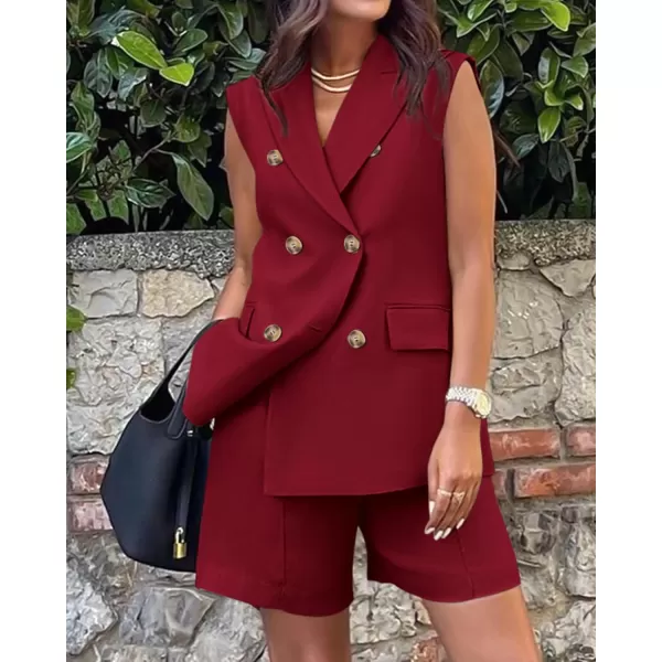 BTFBM Womens Casual Sleeveless Blazer Vest Shorts Sets Lapel V Neck Button Down Office 2 Piece Lounge Matching SetsSolid Wine Red