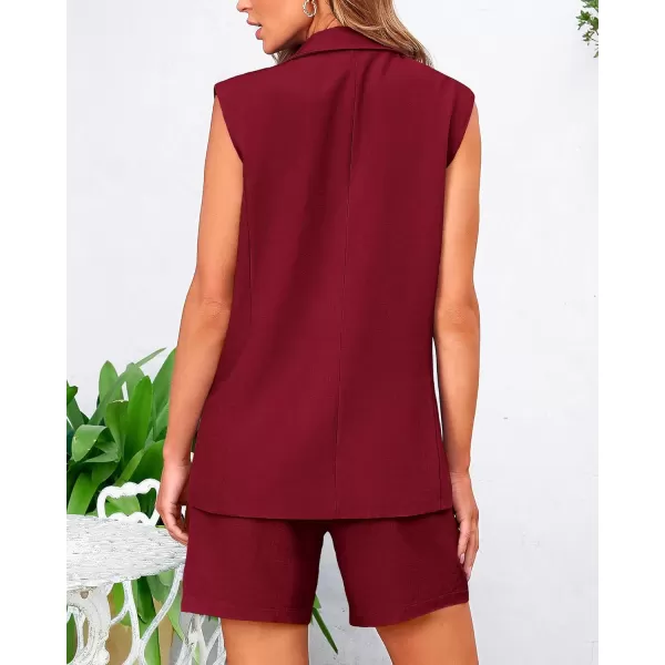 BTFBM Womens Casual Sleeveless Blazer Vest Shorts Sets Lapel V Neck Button Down Office 2 Piece Lounge Matching SetsSolid Wine Red