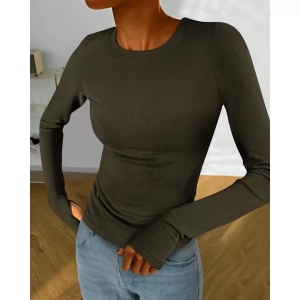 BTFBM Womens Casual Tops Fall Winter 2024 Long Sleeve Crew Neck Workout Stretchy Slim Fit Basic Y2K Going Out ShirtSolid Army Green