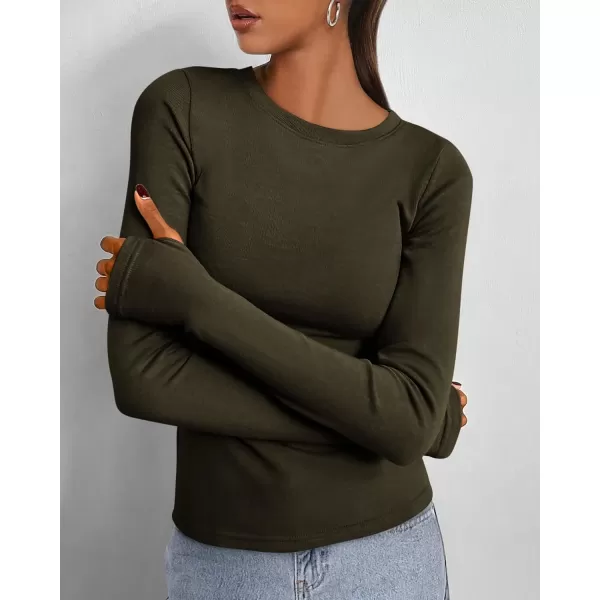 BTFBM Womens Casual Tops Fall Winter 2024 Long Sleeve Crew Neck Workout Stretchy Slim Fit Basic Y2K Going Out ShirtSolid Army Green