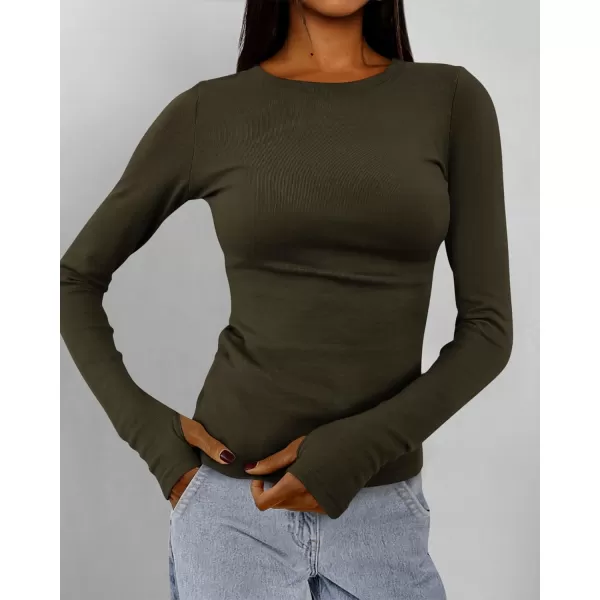 BTFBM Womens Casual Tops Fall Winter 2024 Long Sleeve Crew Neck Workout Stretchy Slim Fit Basic Y2K Going Out ShirtSolid Army Green