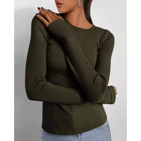 BTFBM Womens Casual Tops Fall Winter 2024 Long Sleeve Crew Neck Workout Stretchy Slim Fit Basic Y2K Going Out ShirtSolid Army Green