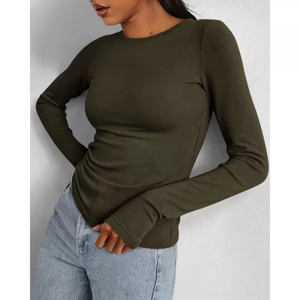 BTFBM Womens Casual Tops Fall Winter 2024 Long Sleeve Crew Neck Workout Stretchy Slim Fit Basic Y2K Going Out ShirtSolid Army Green