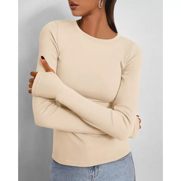 BTFBM Womens Casual Tops Fall Winter 2024 Long Sleeve Crew Neck Workout Stretchy Slim Fit Basic Y2K Going Out ShirtSolid Beige