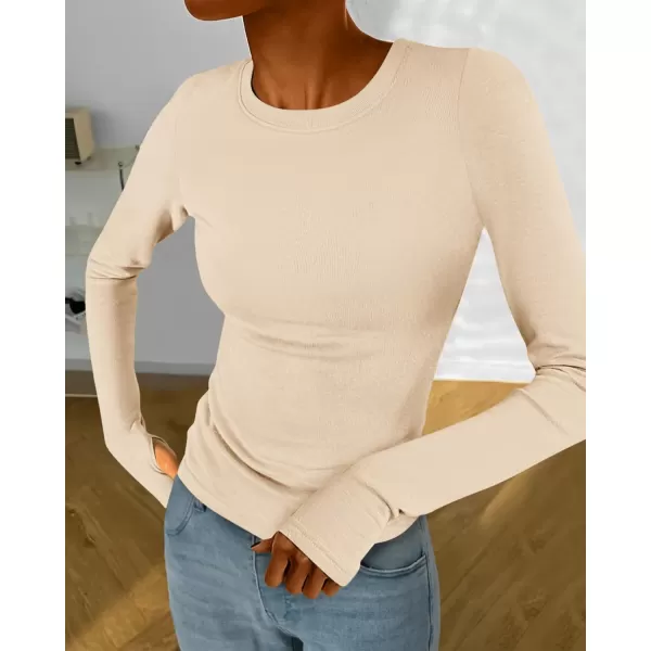 BTFBM Womens Casual Tops Fall Winter 2024 Long Sleeve Crew Neck Workout Stretchy Slim Fit Basic Y2K Going Out ShirtSolid Beige