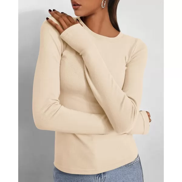 BTFBM Womens Casual Tops Fall Winter 2024 Long Sleeve Crew Neck Workout Stretchy Slim Fit Basic Y2K Going Out ShirtSolid Beige