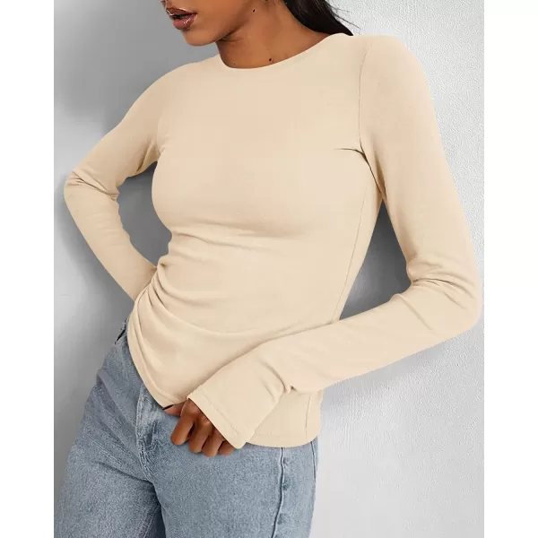 BTFBM Womens Casual Tops Fall Winter 2024 Long Sleeve Crew Neck Workout Stretchy Slim Fit Basic Y2K Going Out ShirtSolid Beige