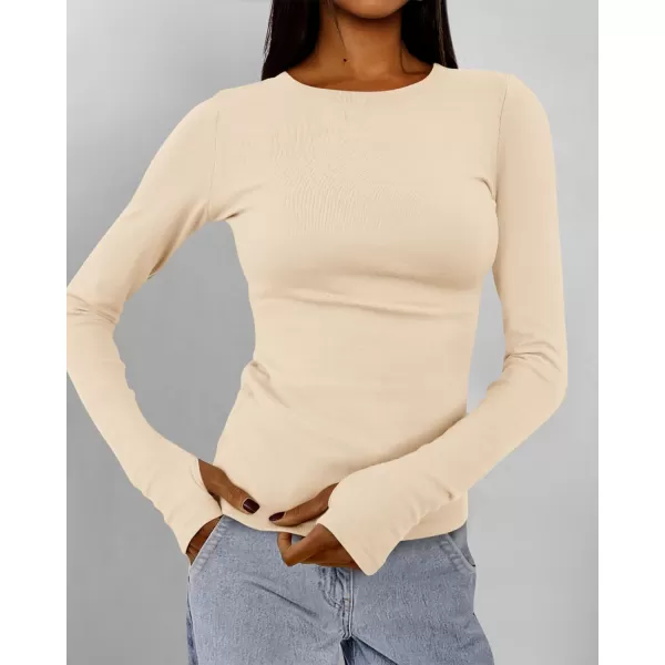 BTFBM Womens Casual Tops Fall Winter 2024 Long Sleeve Crew Neck Workout Stretchy Slim Fit Basic Y2K Going Out ShirtSolid Beige