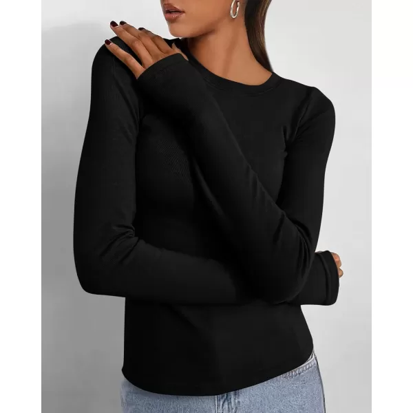 BTFBM Womens Casual Tops Fall Winter 2024 Long Sleeve Crew Neck Workout Stretchy Slim Fit Basic Y2K Going Out ShirtSolid Black