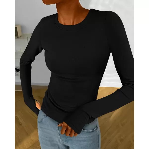 BTFBM Womens Casual Tops Fall Winter 2024 Long Sleeve Crew Neck Workout Stretchy Slim Fit Basic Y2K Going Out ShirtSolid Black