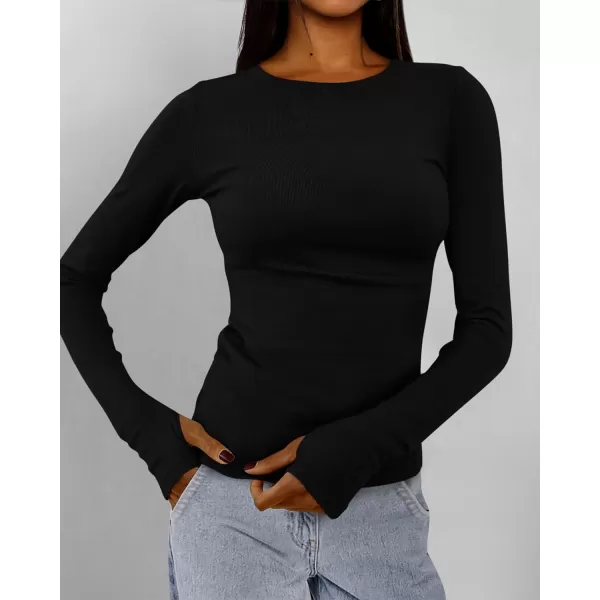 BTFBM Womens Casual Tops Fall Winter 2024 Long Sleeve Crew Neck Workout Stretchy Slim Fit Basic Y2K Going Out ShirtSolid Black