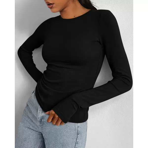 BTFBM Womens Casual Tops Fall Winter 2024 Long Sleeve Crew Neck Workout Stretchy Slim Fit Basic Y2K Going Out ShirtSolid Black