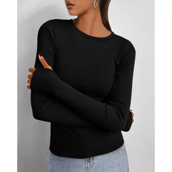 BTFBM Womens Casual Tops Fall Winter 2024 Long Sleeve Crew Neck Workout Stretchy Slim Fit Basic Y2K Going Out ShirtSolid Black