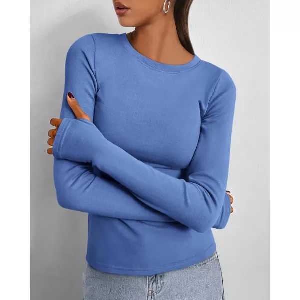 BTFBM Womens Casual Tops Fall Winter 2024 Long Sleeve Crew Neck Workout Stretchy Slim Fit Basic Y2K Going Out ShirtSolid Blue