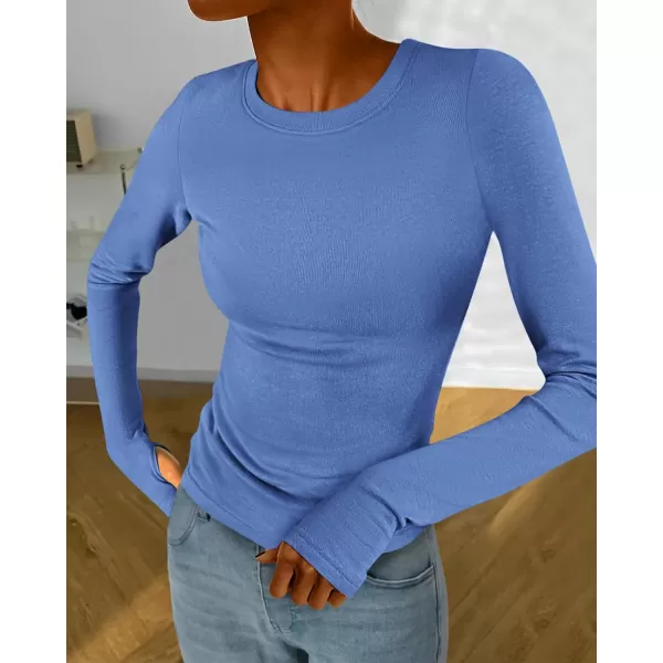 BTFBM Womens Casual Tops Fall Winter 2024 Long Sleeve Crew Neck Workout Stretchy Slim Fit Basic Y2K Going Out ShirtSolid Blue