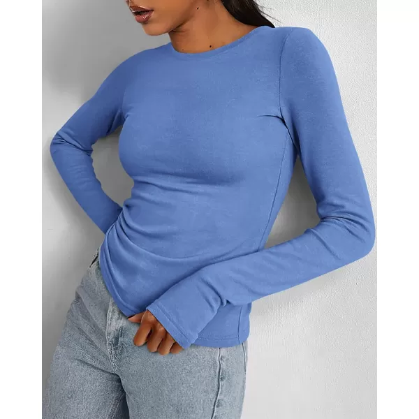 BTFBM Womens Casual Tops Fall Winter 2024 Long Sleeve Crew Neck Workout Stretchy Slim Fit Basic Y2K Going Out ShirtSolid Blue
