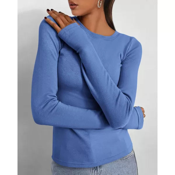 BTFBM Womens Casual Tops Fall Winter 2024 Long Sleeve Crew Neck Workout Stretchy Slim Fit Basic Y2K Going Out ShirtSolid Blue