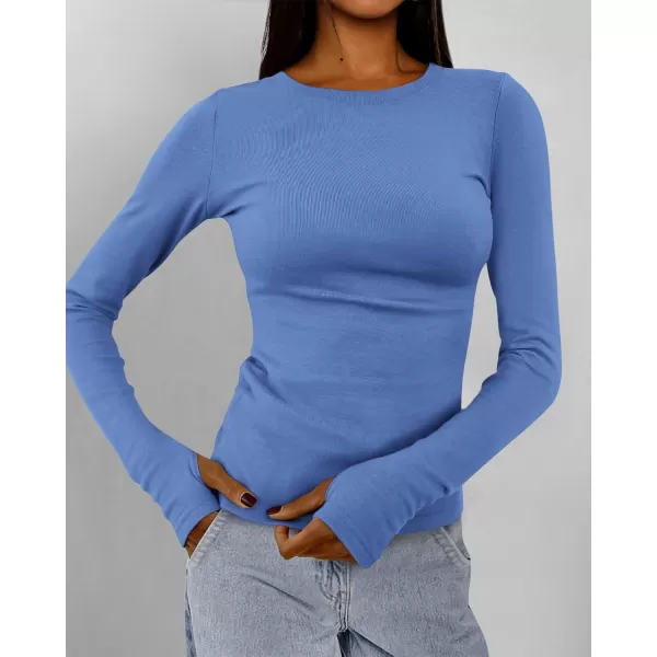 BTFBM Womens Casual Tops Fall Winter 2024 Long Sleeve Crew Neck Workout Stretchy Slim Fit Basic Y2K Going Out ShirtSolid Blue