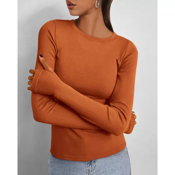 BTFBM Womens Casual Tops Fall Winter 2024 Long Sleeve Crew Neck Workout Stretchy Slim Fit Basic Y2K Going Out ShirtSolid Brick Red