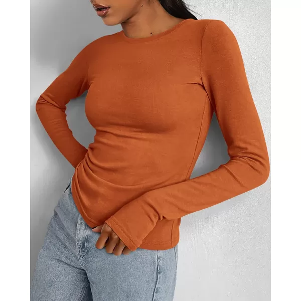 BTFBM Womens Casual Tops Fall Winter 2024 Long Sleeve Crew Neck Workout Stretchy Slim Fit Basic Y2K Going Out ShirtSolid Brick Red