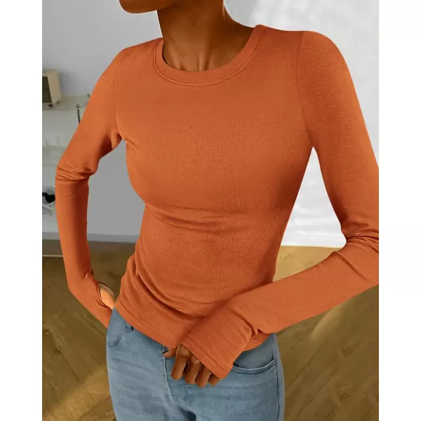 BTFBM Womens Casual Tops Fall Winter 2024 Long Sleeve Crew Neck Workout Stretchy Slim Fit Basic Y2K Going Out ShirtSolid Brick Red