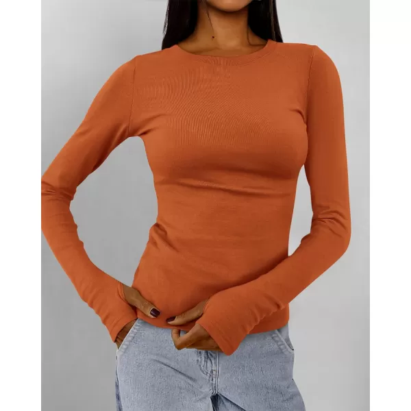 BTFBM Womens Casual Tops Fall Winter 2024 Long Sleeve Crew Neck Workout Stretchy Slim Fit Basic Y2K Going Out ShirtSolid Brick Red