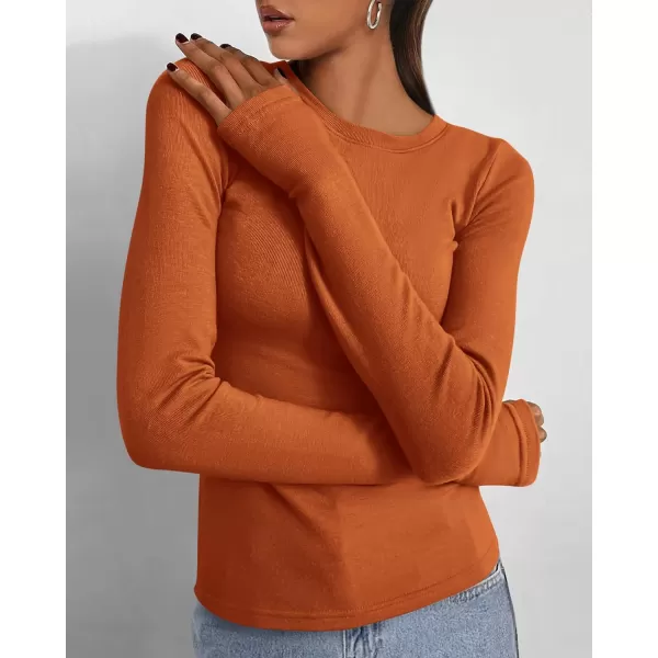 BTFBM Womens Casual Tops Fall Winter 2024 Long Sleeve Crew Neck Workout Stretchy Slim Fit Basic Y2K Going Out ShirtSolid Brick Red