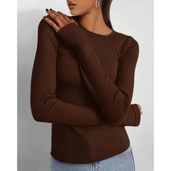 BTFBM Womens Casual Tops Fall Winter 2024 Long Sleeve Crew Neck Workout Stretchy Slim Fit Basic Y2K Going Out ShirtSolid Coffee