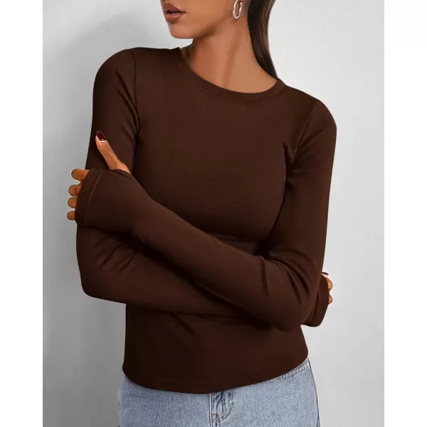 BTFBM Womens Casual Tops Fall Winter 2024 Long Sleeve Crew Neck Workout Stretchy Slim Fit Basic Y2K Going Out ShirtSolid Coffee