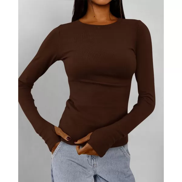 BTFBM Womens Casual Tops Fall Winter 2024 Long Sleeve Crew Neck Workout Stretchy Slim Fit Basic Y2K Going Out ShirtSolid Coffee