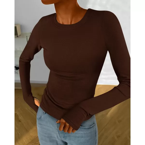 BTFBM Womens Casual Tops Fall Winter 2024 Long Sleeve Crew Neck Workout Stretchy Slim Fit Basic Y2K Going Out ShirtSolid Coffee
