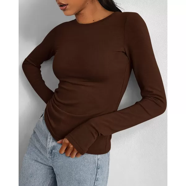 BTFBM Womens Casual Tops Fall Winter 2024 Long Sleeve Crew Neck Workout Stretchy Slim Fit Basic Y2K Going Out ShirtSolid Coffee