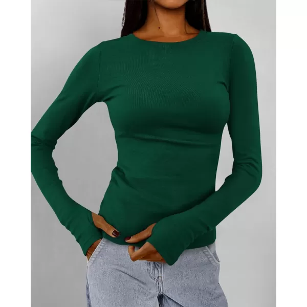 BTFBM Womens Casual Tops Fall Winter 2024 Long Sleeve Crew Neck Workout Stretchy Slim Fit Basic Y2K Going Out ShirtSolid Green