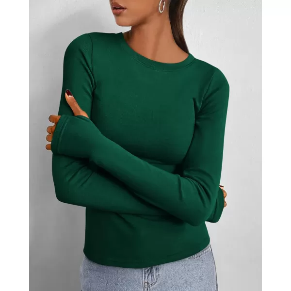 BTFBM Womens Casual Tops Fall Winter 2024 Long Sleeve Crew Neck Workout Stretchy Slim Fit Basic Y2K Going Out ShirtSolid Green
