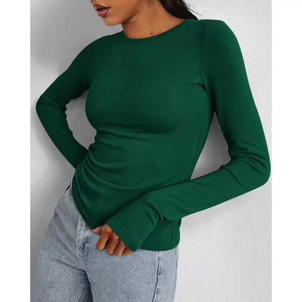 BTFBM Womens Casual Tops Fall Winter 2024 Long Sleeve Crew Neck Workout Stretchy Slim Fit Basic Y2K Going Out ShirtSolid Green