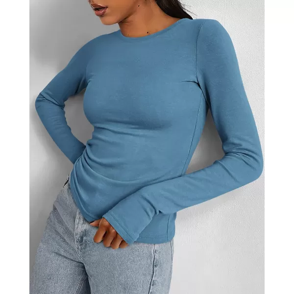 BTFBM Womens Casual Tops Fall Winter 2024 Long Sleeve Crew Neck Workout Stretchy Slim Fit Basic Y2K Going Out ShirtSolid Grey Blue