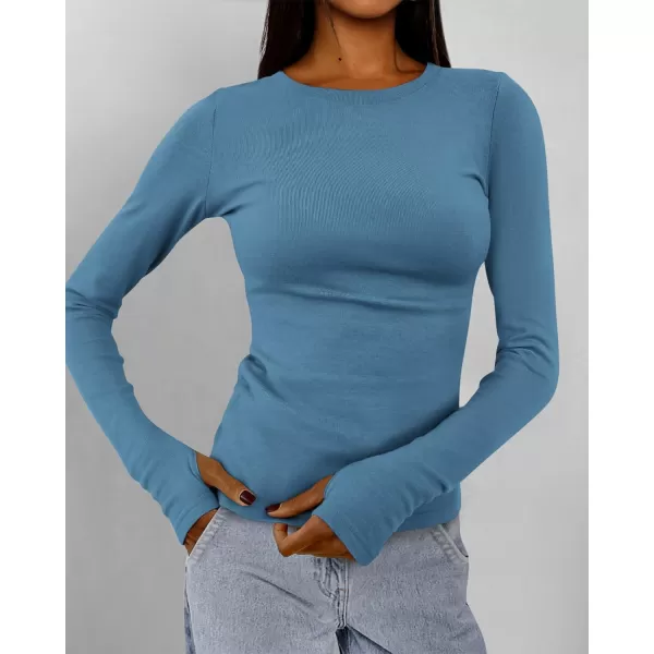 BTFBM Womens Casual Tops Fall Winter 2024 Long Sleeve Crew Neck Workout Stretchy Slim Fit Basic Y2K Going Out ShirtSolid Grey Blue