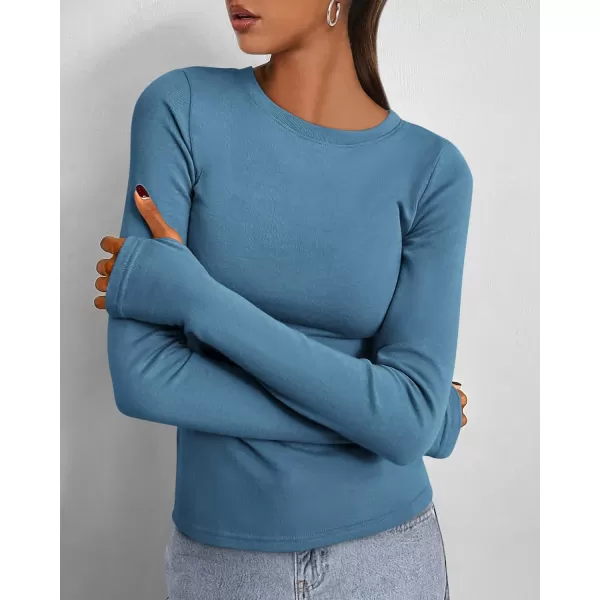 BTFBM Womens Casual Tops Fall Winter 2024 Long Sleeve Crew Neck Workout Stretchy Slim Fit Basic Y2K Going Out ShirtSolid Grey Blue