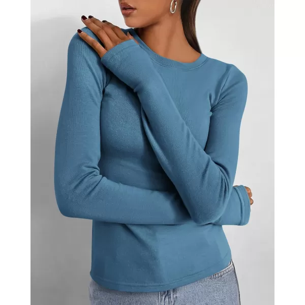 BTFBM Womens Casual Tops Fall Winter 2024 Long Sleeve Crew Neck Workout Stretchy Slim Fit Basic Y2K Going Out ShirtSolid Grey Blue