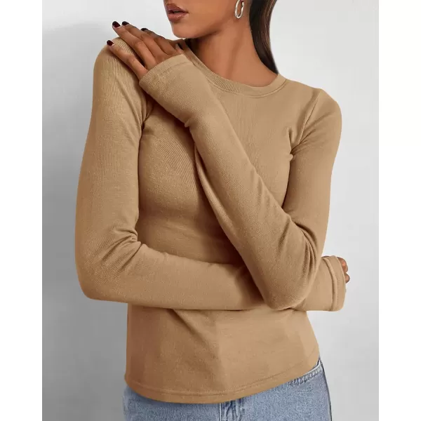 BTFBM Womens Casual Tops Fall Winter 2024 Long Sleeve Crew Neck Workout Stretchy Slim Fit Basic Y2K Going Out ShirtSolid Khaki